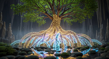 A majestic tree with a massive root system glows with vibrant, colorful lights, set in a mystical, dark forest.の素材