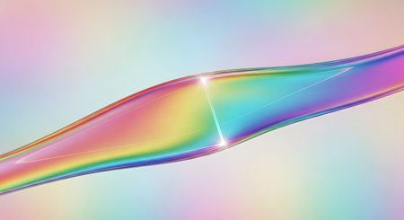 A fluid, iridescent ribbon of rainbow colors flows and shimmers against a soft, pastel background.の素材