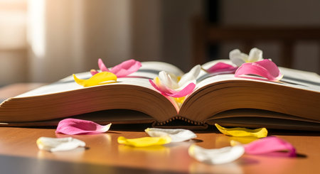 An open book lies on a wooden table, adorned with colorful flower petals scattered across its pages and the surface.の素材