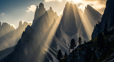 Golden sunbeams dramatically stream through the clouds, illuminating the sharp, imposing peaks of a majestic mountain range.の素材