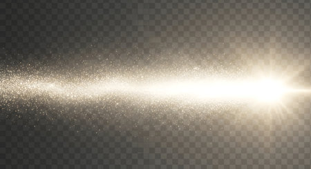 A brilliant, bright light streak emanates horizontally, scattering small particles and dust across a transparent, checkered background.の素材