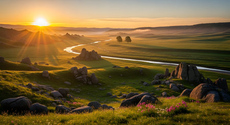 A vibrant sunrise casts warm golden light across rolling green hills, a winding road, and scattered rock formations in a peaceful rural setting.の素材