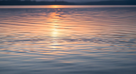 Gentle ripples on the water's surface catch the warm hues of a setting sun, creating a peaceful and serene natural scene.の素材