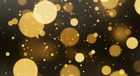 Abstract background with numerous out-of-focus golden circles and specks of light against a dark, textured backdrop.の素材