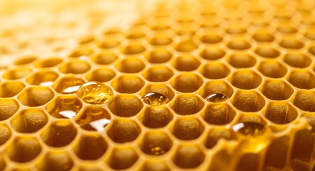 A macro view of hexagonal honeycomb cells, some glistening with fresh, golden honey, showcasing nature's perfect architecture.の素材