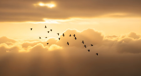 A flock of birds soars through a dramatic golden sunset sky, silhouetted against fluffy, illuminated clouds.の素材