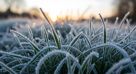 Close up of grass blades covered in frost, with the sun rising in the blurred background.の素材