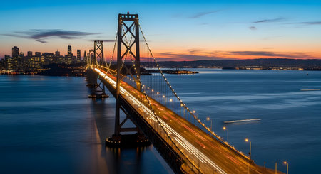 The illuminated San Francisco Bay Bridge stretches across the water at twilight, with the city skyline visible in the distance.の素材