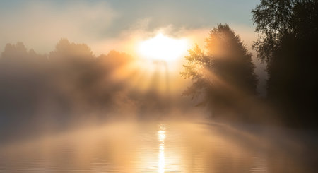 The sun's bright rays cut through a thick, ethereal mist, illuminating a tranquil body of water with a golden glow.の素材
