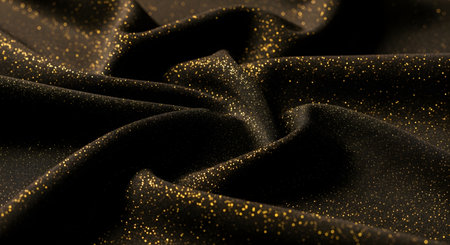 Close-up of draped black velvet fabric with shimmering gold glitter threads woven throughout, creating a rich and opulent texture.の素材
