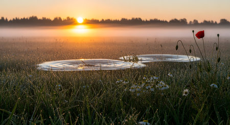 Delicate spiderwebs covered in morning dew glisten in the soft light of a misty sunrise over a grassy field with a single red poppy.の素材
