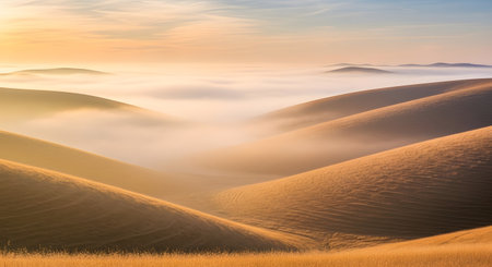 Sunlight bathes rolling golden hills, with soft mist filling the valleys, creating a serene and ethereal landscape.の素材