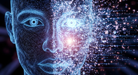 A futuristic digital human face is shown, with one side dissolving into glowing data particles and abstract light effects.の素材