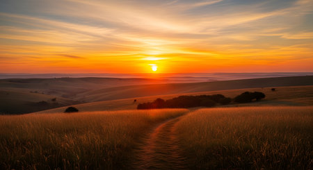 A vibrant sunset paints the sky with warm hues, illuminating rolling fields and a dirt path leading into the distance.の素材