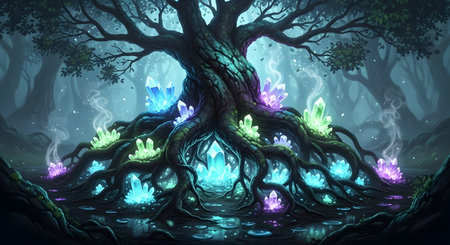 A majestic, ancient tree with intricate roots illuminated by vibrant, glowing crystals in a mystical forest setting.の素材