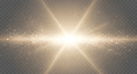 A brilliant golden starburst emanates from the center, casting rays and illuminating scattered sparkling particles against a dark, textured background.の素材