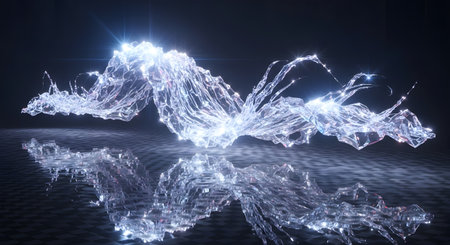 A dynamic, illuminated abstract sculpture resembling a burst of light or water, casting a bright reflection on a dark, still surface.の素材