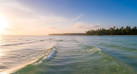 Gentle ocean waves create ripples under a warm, golden sunrise. A distant tropical shoreline with palm trees is visible.の素材