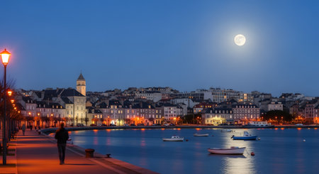 A serene night scene of a coastal town illuminated by moonlight and artificial lights, with boats in the harbor.の素材