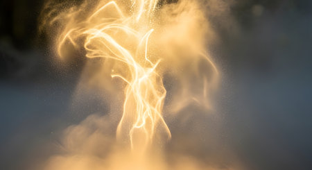 A luminous, abstract golden form emerges from a smoky background, suggesting spiritual energy or a divine presence.の素材