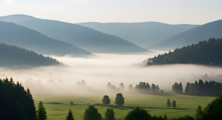 A serene sunrise illuminates a valley filled with mist, with rolling green hills and dark evergreen forests stretching towards distant mountains.の素材