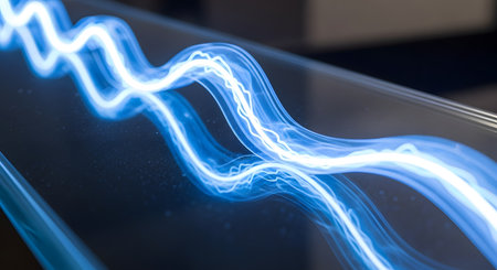 Dynamic abstract image featuring glowing blue light trails that curve and undulate, creating a sense of movement and energy.の素材