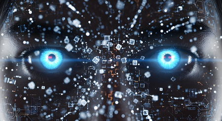 Close-up of a robotic face with intense glowing blue eyes, surrounded by a swirling vortex of digital data and particles.の素材