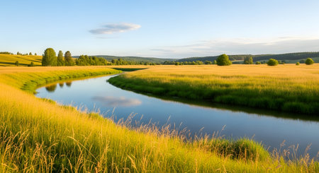 A winding river flows through a sun-drenched golden meadow under a clear blue sky with scattered clouds.の素材