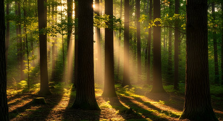 Golden sunbeams pierce the dense forest canopy, illuminating the trees and casting long shadows on the forest floor.の素材
