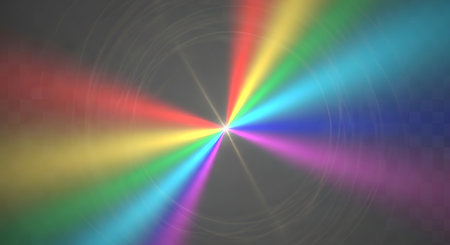 A radial explosion of colorful light beams emanates from a bright central point, creating a spectrum of hues against a dark background.の素材