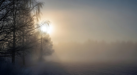 A soft, diffused sunbeam pierces through a thick, ethereal winter fog, illuminating snow-laden trees and creating a serene, dreamlike atmosphere.の素材