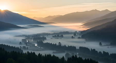 A serene sunrise illuminates a valley filled with mist, revealing a small village nestled amongst pine trees and towering mountains.の素材