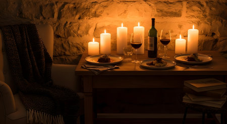 A dimly lit table set for a romantic meal with plates of food, wine glasses, and numerous candles casting a warm glow.の素材