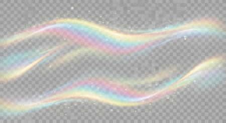 Two ethereal, wavy streaks of rainbow light shimmer and sparkle against a transparent, checkered background.の素材