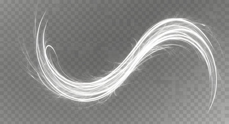 A dynamic, abstract composition featuring bright white light trails forming a graceful, flowing S-curve against a transparent, checkered background.の素材