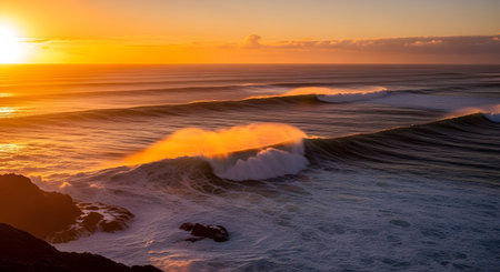 A vibrant golden sunset illuminates the ocean as powerful waves crash against a dark, rocky coastline, creating a dramatic seascape.の素材