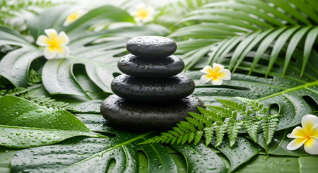 A balanced stack of dark, smooth stones rests on wet, vibrant green leaves, adorned with small yellow and white flowers.の素材