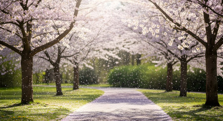A stone pathway leads through a park filled with blooming cherry blossom trees, bathed in soft sunlight. Spring's beauty is evident.の素材