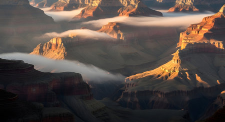 Sunlight illuminates the rugged peaks of the Grand Canyon as ethereal mist drifts through the vast chasm.の素材