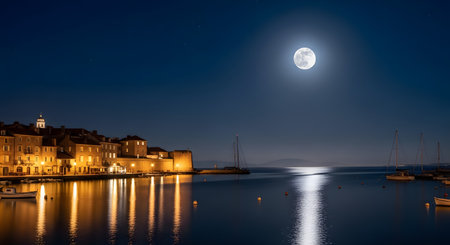 A serene night scene of a Venetian canal with buildings lit up and the full moon reflecting on the water.の素材