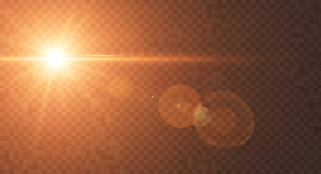 A vibrant lens flare emanates from the left, casting a warm orange glow across a textured, checkered background.の素材