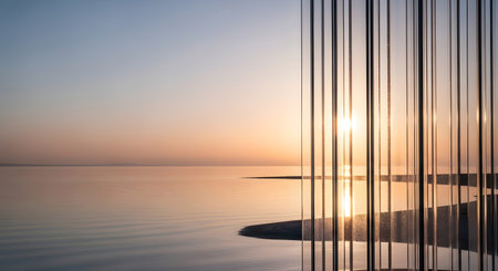 A tranquil sunset casts a warm glow over a still body of water, with vertical lines creating a unique foreground.の素材