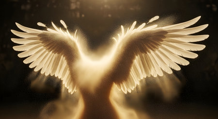 A pair of large, luminous, feathered wings emanate a bright golden light, suggesting a divine or angelic presence.の素材