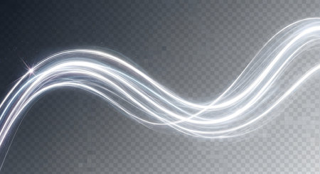 Wavy, glowing white light trails create a dynamic, abstract pattern against a subtle, checkered background.の素材