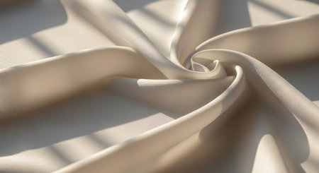 A close-up abstract view of light-colored fabric twisted into a spiral, with diagonal sunlight and shadow creating a textured pattern.の素材