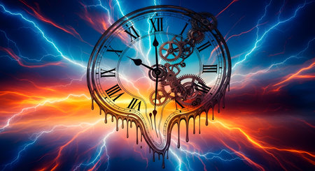 A surreal, melting clock face with Roman numerals against a backdrop of vibrant, crackling lightning and cosmic energy.の素材