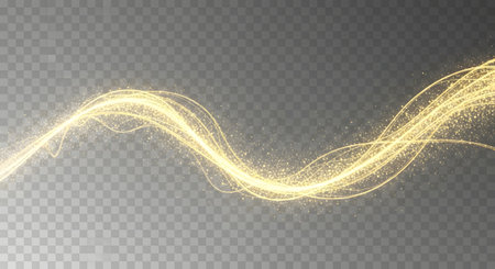 A luminous golden light trail curves and sparkles across a transparent background, creating an abstract and ethereal effect.の素材