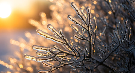 Close-up of delicate twigs encased in ice, illuminated by the warm, golden light of a winter sunrise or sunset.の素材