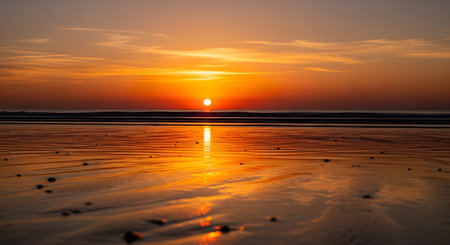 A breathtaking sunset paints the sky with fiery orange and yellow hues, casting a dazzling reflection on the wet sand and ocean waves.の素材