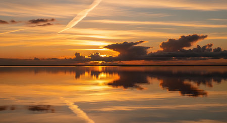 A vibrant sunset paints the sky in hues of orange and yellow, with dramatic clouds mirrored perfectly on the still water below.の素材